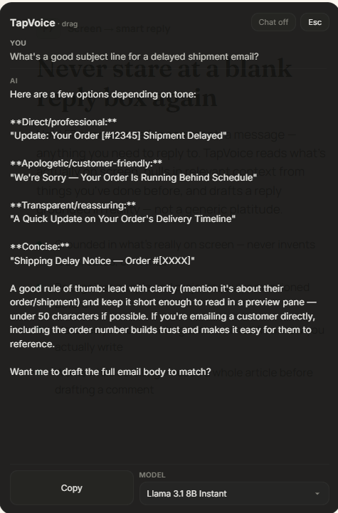 TapVoice F9 chat answering a real question about email subject lines